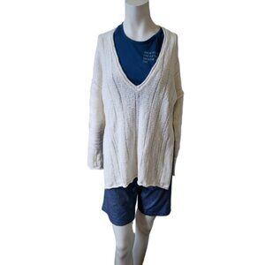 Rag Poets large white knit deep v neck side slit sweater